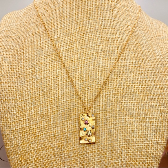 18K Gold  Cubic Zirconia rectangle hammered Pendant- Dainty chain necklace - Picture 3 of 8